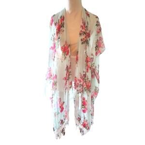 Kimono BEACH COVERUP Topper One Size Sea Mist Green Gypsy Boho LACE Long Coastal